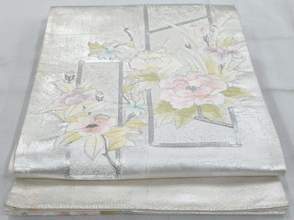 平和屋着物◎太鼓柄袋帯 駒刺繍 色紙花文 銀糸 正絹 逸品 AAAS8584cx