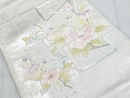 平和屋着物◎太鼓柄袋帯 駒刺繍 色紙花文 銀糸 正絹 逸品 AAAS8584cx