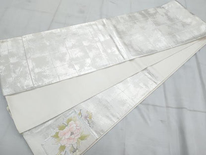 平和屋着物◎太鼓柄袋帯 駒刺繍 色紙花文 銀糸 正絹 逸品 AAAS8584cx