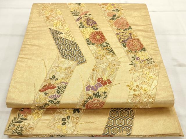 平和屋着物◎六通柄袋帯 唐織 短冊花文 金糸 金通し地 正絹 逸品 AAAS8845sg