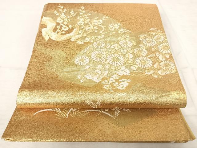 平和屋着物◎六通柄袋帯 唐織 扇面梅花文 金糸 正絹 逸品 AAAS9880yx