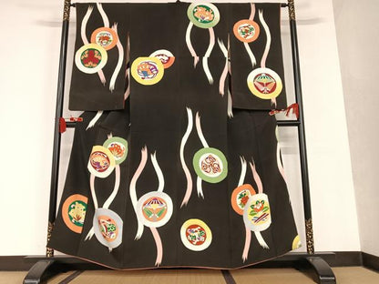 平和屋着物●アンティーク 大正ロマン 小振袖 二尺袖 花蝶丸文 黒地 正絹 逸品 AAAT0533zg