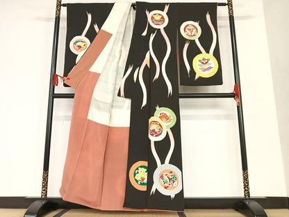 平和屋着物●アンティーク 大正ロマン 小振袖 二尺袖 花蝶丸文 黒地 正絹 逸品 AAAT0533zg