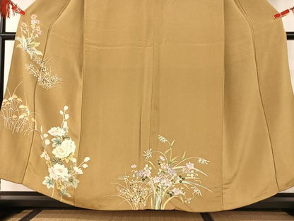 平和屋着物●訪問着 友禅 刺繍 草花文 金糸 鬼しぼ縮緬 正絹 逸品 AAAT0548zg