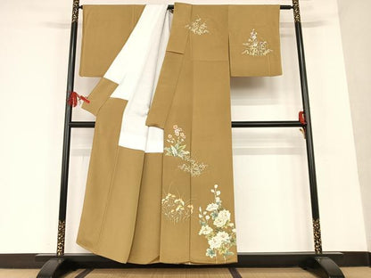 平和屋着物●訪問着 友禅 刺繍 草花文 金糸 鬼しぼ縮緬 正絹 逸品 AAAT0548zg