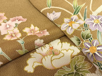 平和屋着物●訪問着 友禅 刺繍 草花文 金糸 鬼しぼ縮緬 正絹 逸品 AAAT0548zg