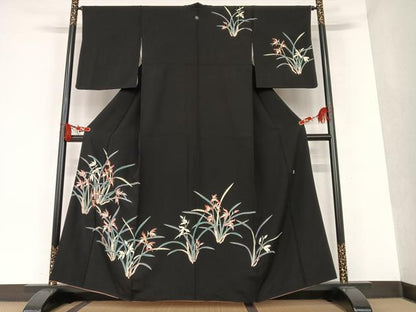 平和屋着物●本加賀友禅作家 沢飯芳雄 訪問着 草花文 黒地 正絹 逸品 AAAT0551zg