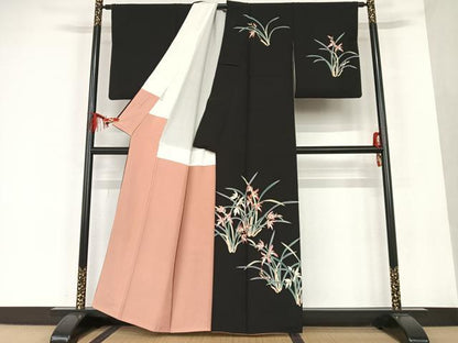 平和屋着物●本加賀友禅作家 沢飯芳雄 訪問着 草花文 黒地 正絹 逸品 AAAT0551zg