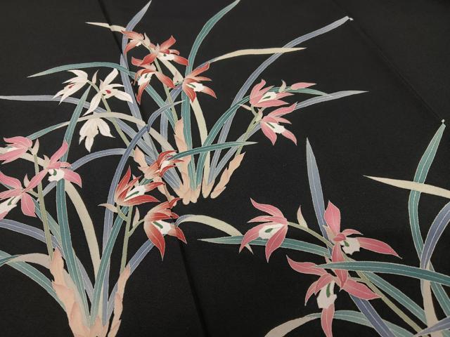 平和屋着物●本加賀友禅作家 沢飯芳雄 訪問着 草花文 黒地 正絹 逸品 AAAT0551zg