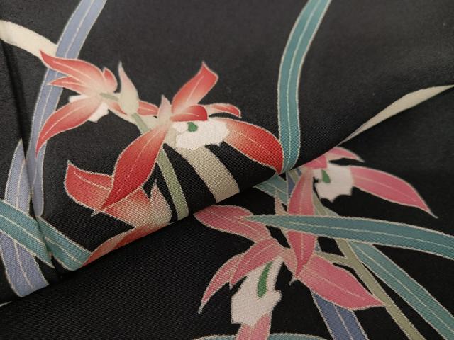 平和屋着物●本加賀友禅作家 沢飯芳雄 訪問着 草花文 黒地 正絹 逸品 AAAT0551zg