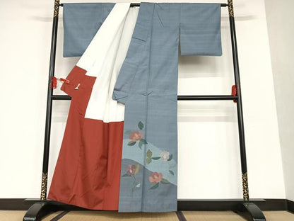 平和屋着物●絲藝苑 上島洋山 訪問着 海草染 椿 銀糸 ますいわ屋扱い 正絹 逸品 AAAT0565zg