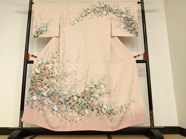 平和屋着物●訪問着　友禅　作家物　草花文　暈し染め　三越扱い　正絹　逸品　AAAT0572zg