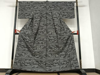 平和屋着物●本場大島紬 9マルキ 風景文 黒地 正絹 逸品 AAAT0602zg