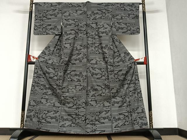平和屋着物●本場大島紬 9マルキ 風景文 黒地 正絹 逸品 AAAT0602zg