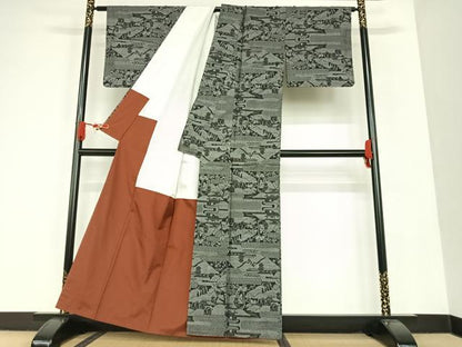 平和屋着物●本場大島紬 9マルキ 風景文 黒地 正絹 逸品 AAAT0602zg