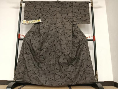 平和屋着物●錦麗手織紬 100亀甲 よろけ縞 黒地 証紙付き 正絹 逸品 AAAT0612zg