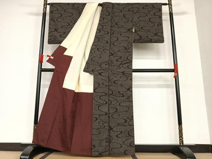 平和屋着物●錦麗手織紬 100亀甲 よろけ縞 黒地 証紙付き 正絹 逸品 AAAT0612zg