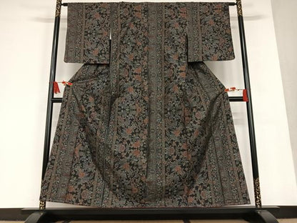 平和屋着物●本場大島紬　9マルキ　花唐草間道　黒地　正絹　逸品　未使用　AAAT0621zg