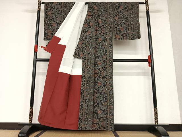 平和屋着物●本場大島紬　9マルキ　花唐草間道　黒地　正絹　逸品　未使用　AAAT0621zg