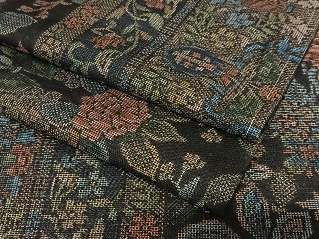 平和屋着物●本場大島紬　9マルキ　花唐草間道　黒地　正絹　逸品　未使用　AAAT0621zg