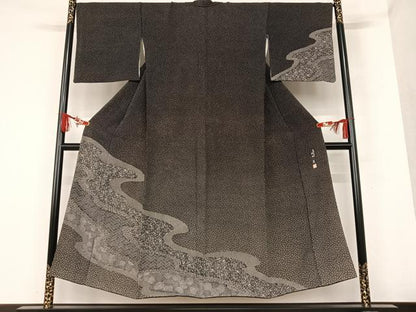 平和屋着物●伝統工芸士 鎌內清 訪問着 道長吉祥花文 番傘 黒地 正絹 逸品 AAAT0671zg