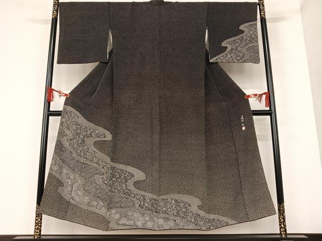 平和屋着物●伝統工芸士 鎌內清 訪問着 道長吉祥花文 番傘 黒地 正絹 逸品 AAAT0671zg