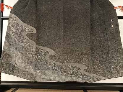 平和屋着物●伝統工芸士 鎌內清 訪問着 道長吉祥花文 番傘 黒地 正絹 逸品 AAAT0671zg
