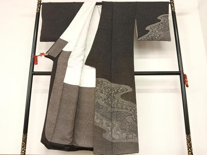 平和屋着物●伝統工芸士 鎌內清 訪問着 道長吉祥花文 番傘 黒地 正絹 逸品 AAAT0671zg