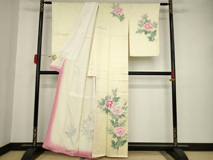 平和屋着物●訪問着　手描き　草花文　正絹　逸品　AAAT0891ck