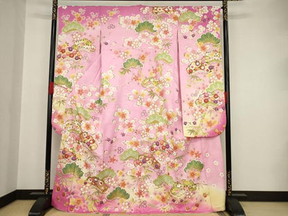 平和屋着物●豪華振袖 駒刺繍 松竹梅吉祥花文 暈し染 金彩 正絹 逸品 AAAT0920ck