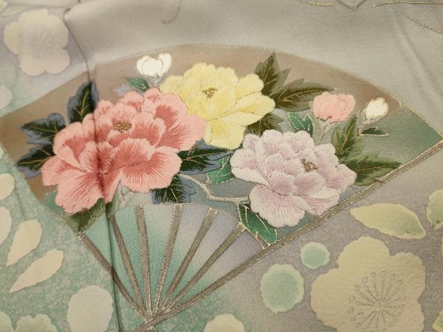 N355.678y360アンティーク 付下げ 金彩 金狛刺繍 花扇文様 正絹 アンティーク 付下げ 金彩 金狛刺繍 花扇文様 正絹 1つ紋 バ
