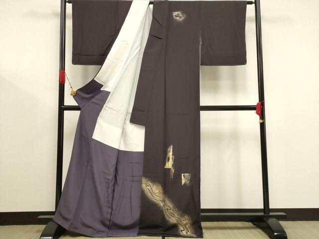 【単衣】正絹　訪問着　流水に鶴花短冊に金箔　居敷当て無し 単衣】正絹 訪問着 流水に鶴花短冊に金箔 居敷当て無し - メルカリ