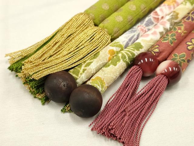 平和屋着物●和装小物　上質な帯締め3本セット　丸ぐけ　花柄　水玉　金糸　金彩　撚り房　逸品　AAAT2167ay