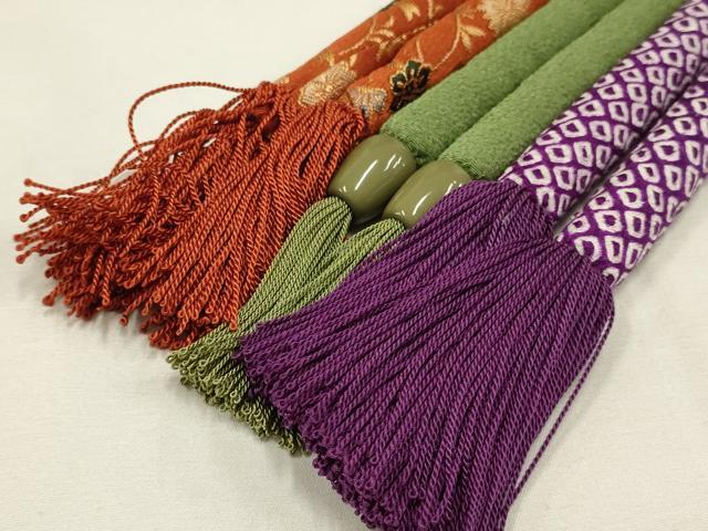 平和屋着物●和装小物　上質な帯締め3本セット　丸ぐけ　鹿の子　花柄　金糸　撚り房　逸品　AAAT2171ay