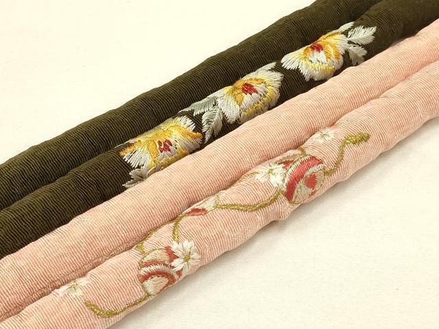 平和屋着物●和装小物　上質な帯締め2本セット　丸ぐけ　刺繍　花柄　鞠　金糸　逸品　AAAT2175ay