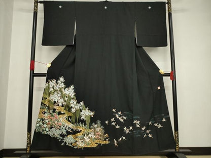 平和屋着物●秀匠苑 黒留袖 流水花鳥文 金彩 正絹 逸品 AAAT2220ck