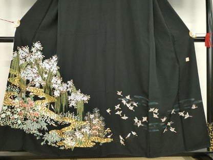 平和屋着物●秀匠苑 黒留袖 流水花鳥文 金彩 正絹 逸品 AAAT2220ck