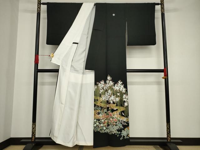 平和屋着物●秀匠苑 黒留袖 流水花鳥文 金彩 正絹 逸品 AAAT2220ck