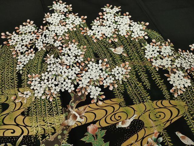 平和屋着物●秀匠苑 黒留袖 流水花鳥文 金彩 正絹 逸品 AAAT2220ck
