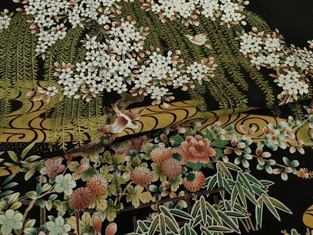 平和屋着物●秀匠苑 黒留袖 流水花鳥文 金彩 正絹 逸品 AAAT2220ck