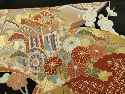 平和屋着物●創業460年・千總　黒留袖　駒刺繍　冊子花文　金彩　正絹　逸品　AAAT2234ck