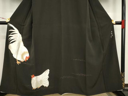 平和屋着物●京縫 月聖子 黒留袖 手刺繍 鶏 金銀糸 金彩 正絹 逸品 AAAT2251ck