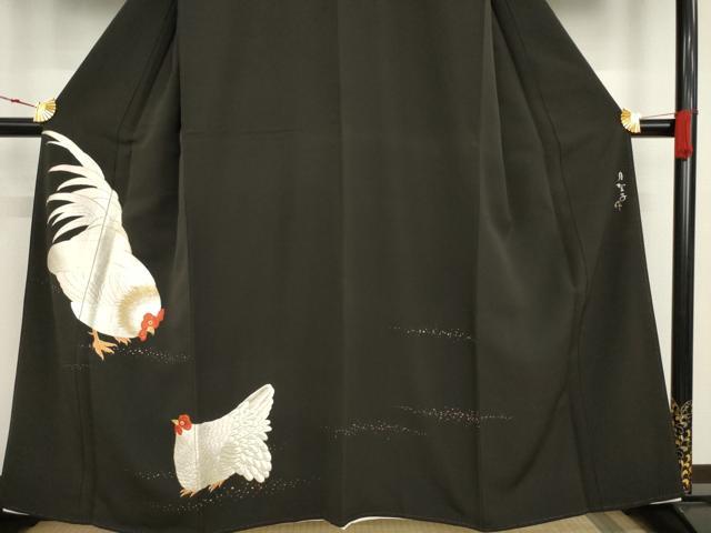 平和屋着物●京縫 月聖子 黒留袖 手刺繍 鶏 金銀糸 金彩 正絹 逸品 AAAT2251ck