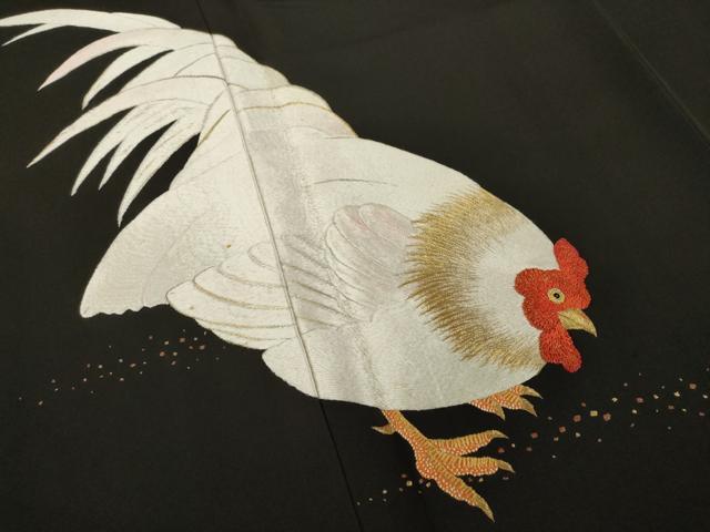 平和屋着物●京縫 月聖子 黒留袖 手刺繍 鶏 金銀糸 金彩 正絹 逸品 AAAT2251ck