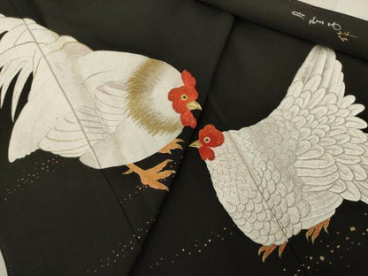 平和屋着物●京縫 月聖子 黒留袖 手刺繍 鶏 金銀糸 金彩 正絹 逸品 AAAT2251ck