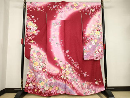 平和屋着物●豪華振袖 駒刺繍 流水舞花文 暈し染 銀通し地 正絹 逸品 AAAT2275ck