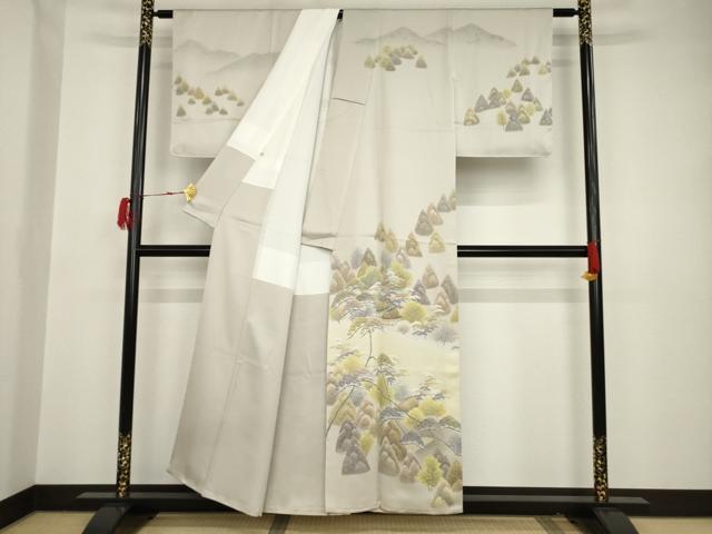 平和屋着物●訪問着　友禅　遠山樹林風景文　金糸　正絹　逸品　未使用　AAAT2305ck