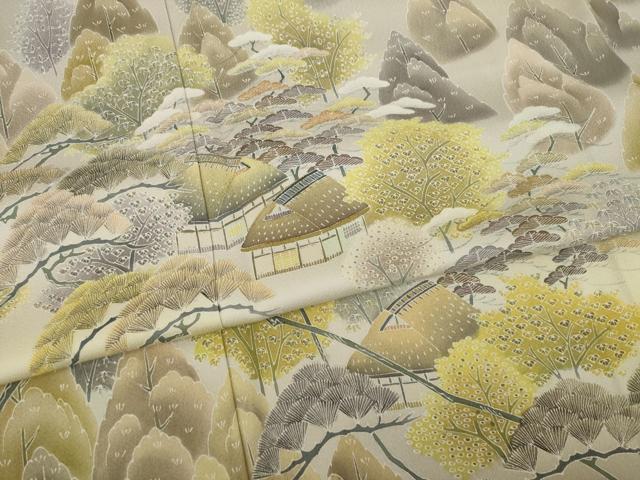 平和屋着物●訪問着　友禅　遠山樹林風景文　金糸　正絹　逸品　未使用　AAAT2305ck
