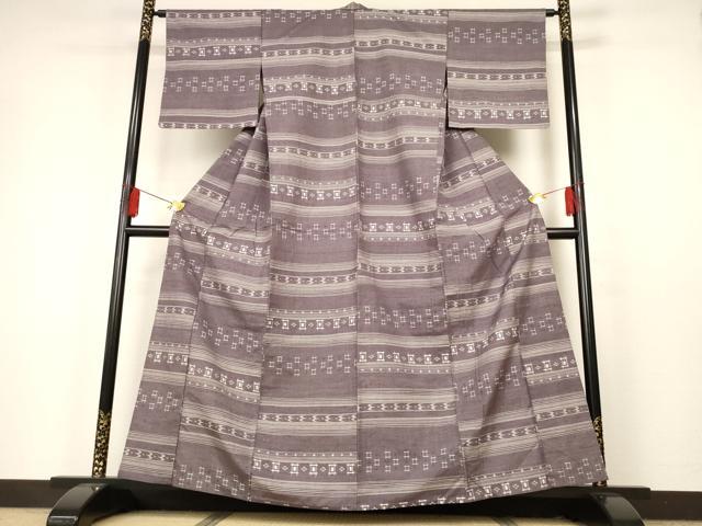 平和屋着物▽上質な紬 単衣 琉球絣横段文 正絹 逸品 AAAT2981iu