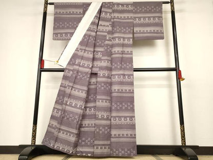 平和屋着物▽上質な紬 単衣 琉球絣横段文 正絹 逸品 AAAT2981iu